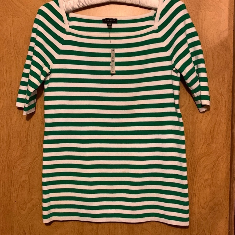 Talbots NWT green and white stripe square neck short sleeve sweater size XS.